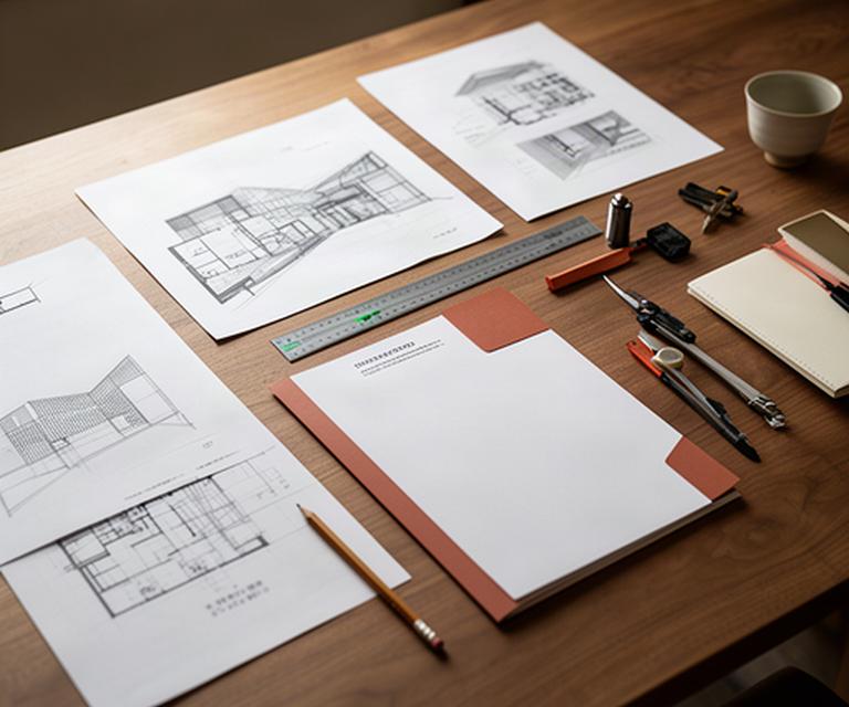 建築設計事務所の木製テーブルに置かれた図面と相談記録