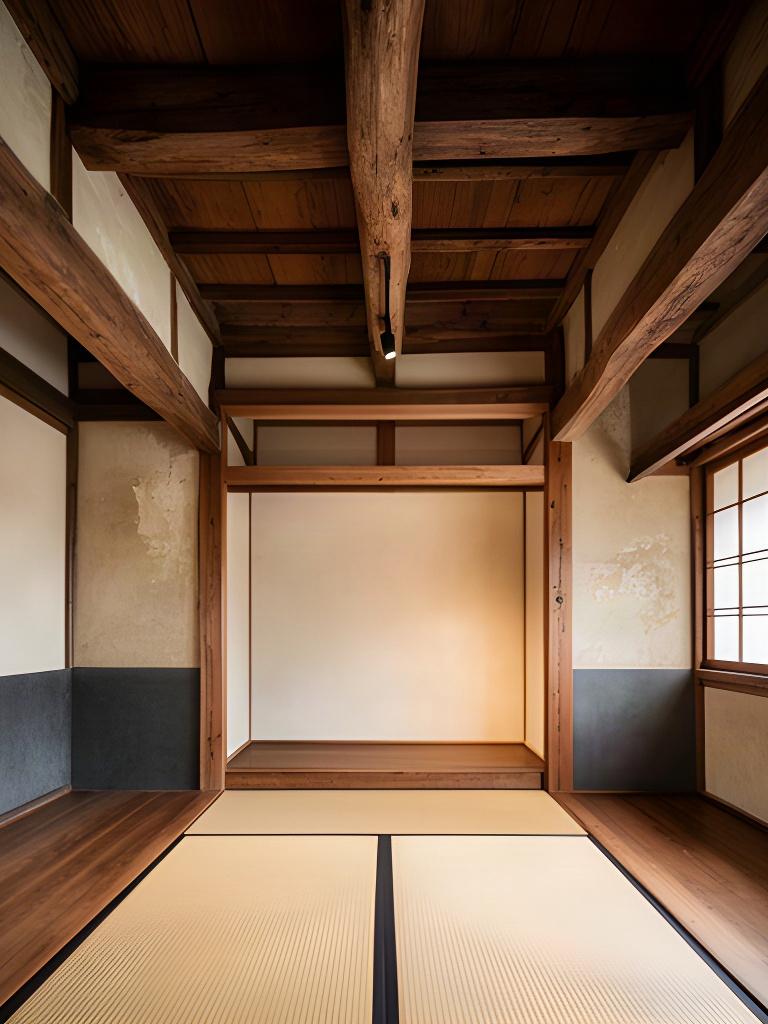 大阪の町家を改修した建築空間と木製の構造材を写した縦長の写真