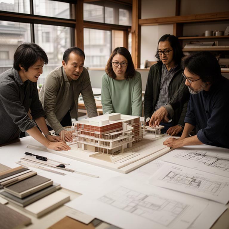 大阪のアトリエで模型を囲み、設計図を確認する建築チーム