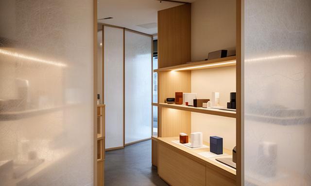 東京の店舗内装、和紙の建具と棚に並ぶ商品を照らす間接照明