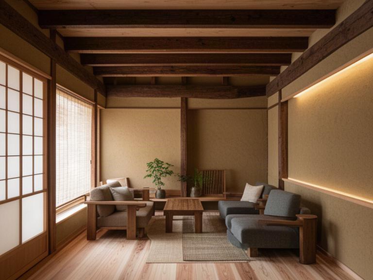 奈良県産の杉板と土壁を使った住宅のリビング、現代的な照明と伝統素材の組み合わせ